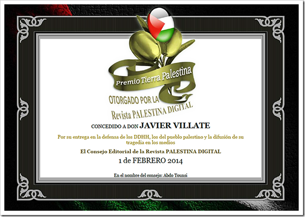 Certificado del premio Tierra Palestina